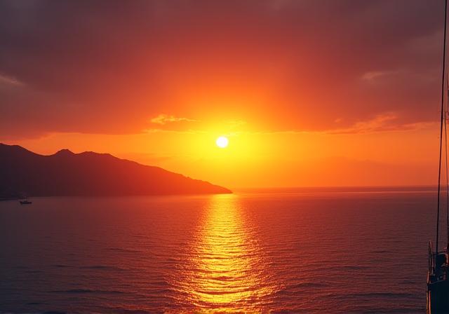 요트에서 바라본 제주도의 아름다운 일몰
