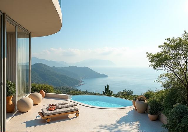 바다가 보이는 남해의 아름다운 펜션 테라스