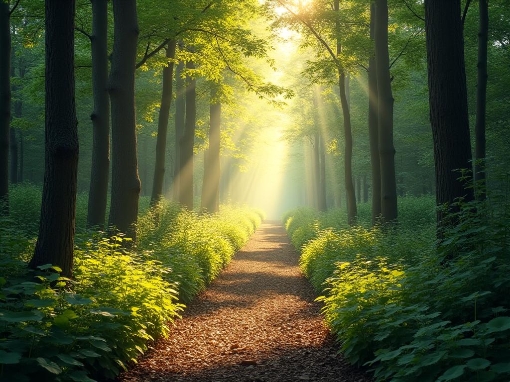 햇살이 비치는 울창한 숲길