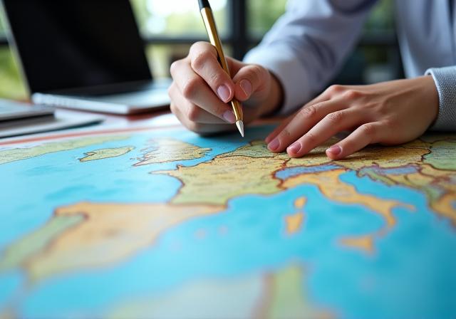 여행 전문가가 지도 위에 여행 계획을 짜는 모습