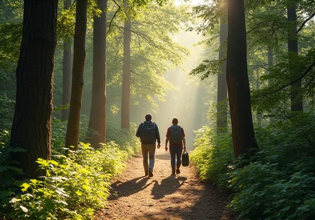 고요한 숲길을 걷는 여행자들